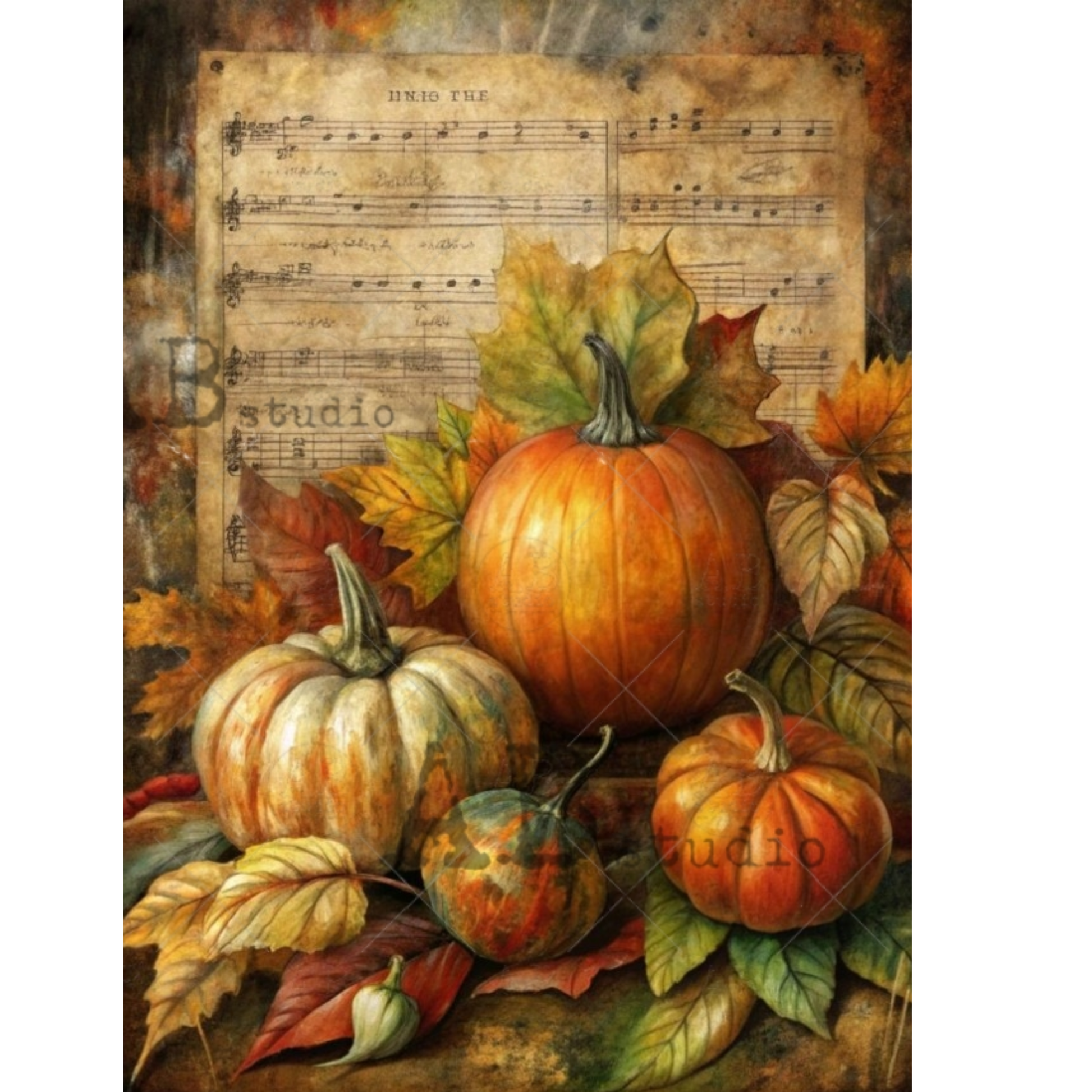 An autumn still life design featuring several pumpkins and gourds surrounded by fallen leaves, set against a background with vintage sheet music. The scene has warm fall colors including orange, yellow, green, red, and brown.