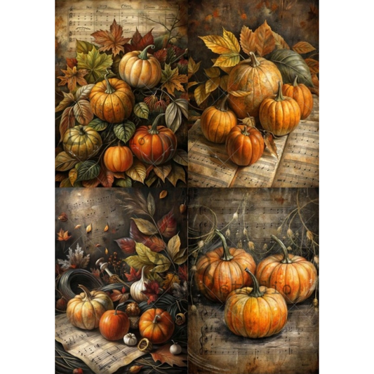 A four-panel autumn still life image set featuring pumpkins and gourds arranged with leaves and sheet music on a rustic background.