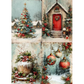 A vintage-style Christmas collage featuring four panels: a decorated Christmas tree in the snow, a rustic cabin with a red door and wreath, a decorated cake with berries, and hanging ornaments in a snowy landscape.