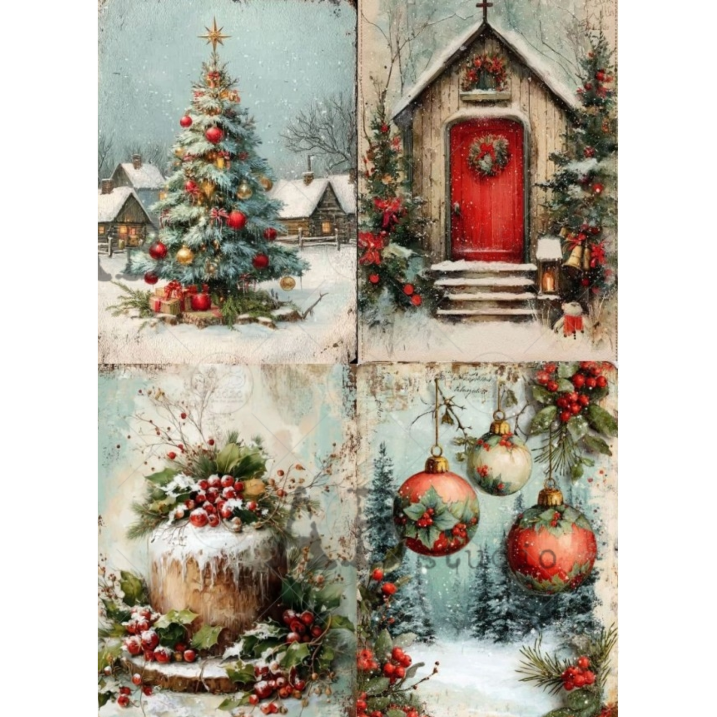 A vintage-style Christmas collage featuring four panels: a decorated Christmas tree in the snow, a rustic cabin with a red door and wreath, a decorated cake with berries, and hanging ornaments in a snowy landscape.