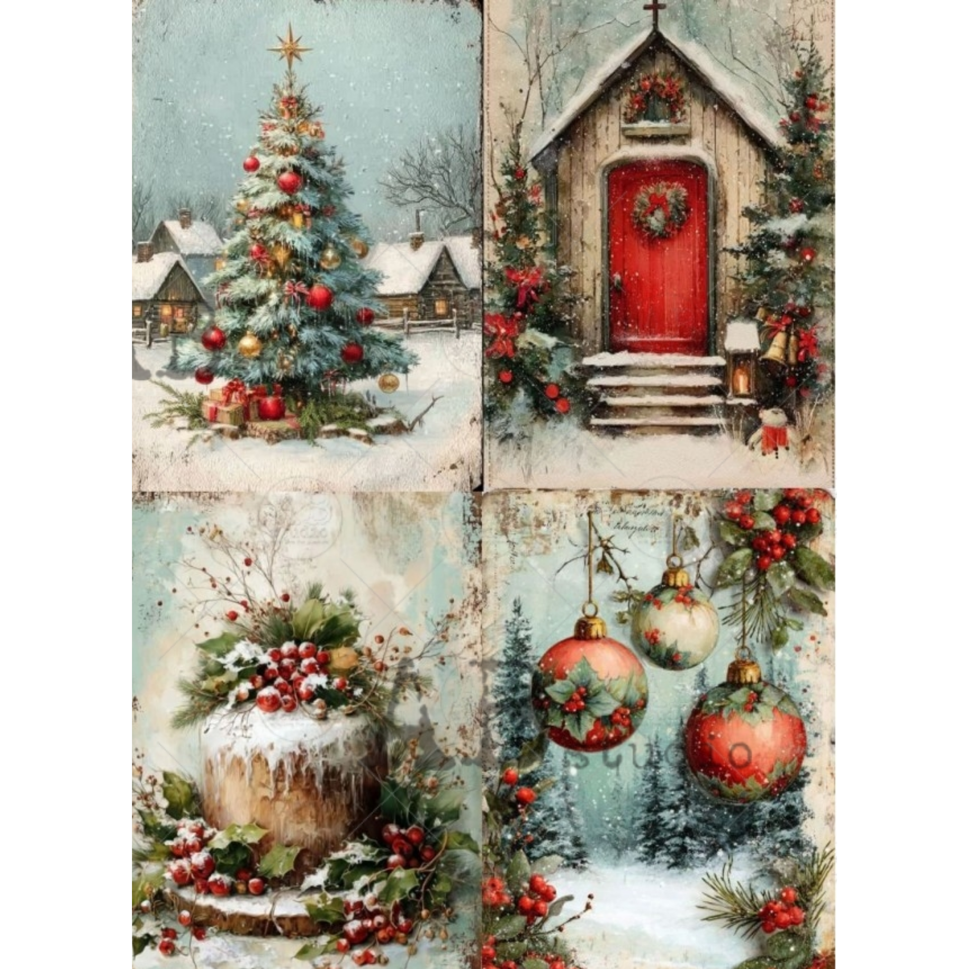 A vintage-style Christmas collage featuring four panels: a decorated Christmas tree in the snow, a rustic cabin with a red door and wreath, a decorated cake with berries, and hanging ornaments in a snowy landscape.