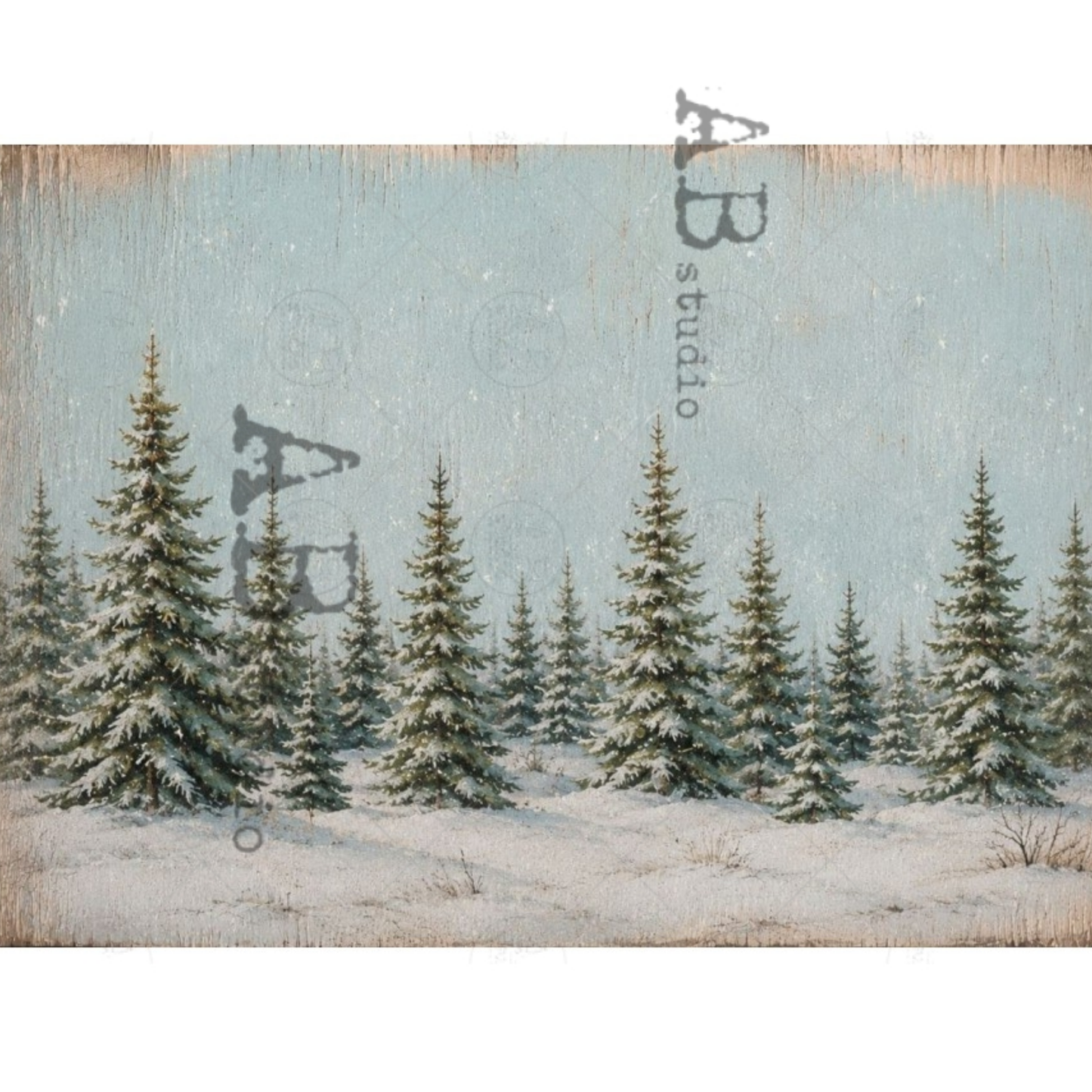 A rustic design featuring a winter forest scene with snow-covered pine trees under a pale blue sky.