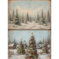 Two vertical rectangular panels showing winter holiday scenes: the top panel depicts a snowy pine forest, and the bottom panel shows decorated Christmas trees, small cabins, fences, and snow under a pale sky.