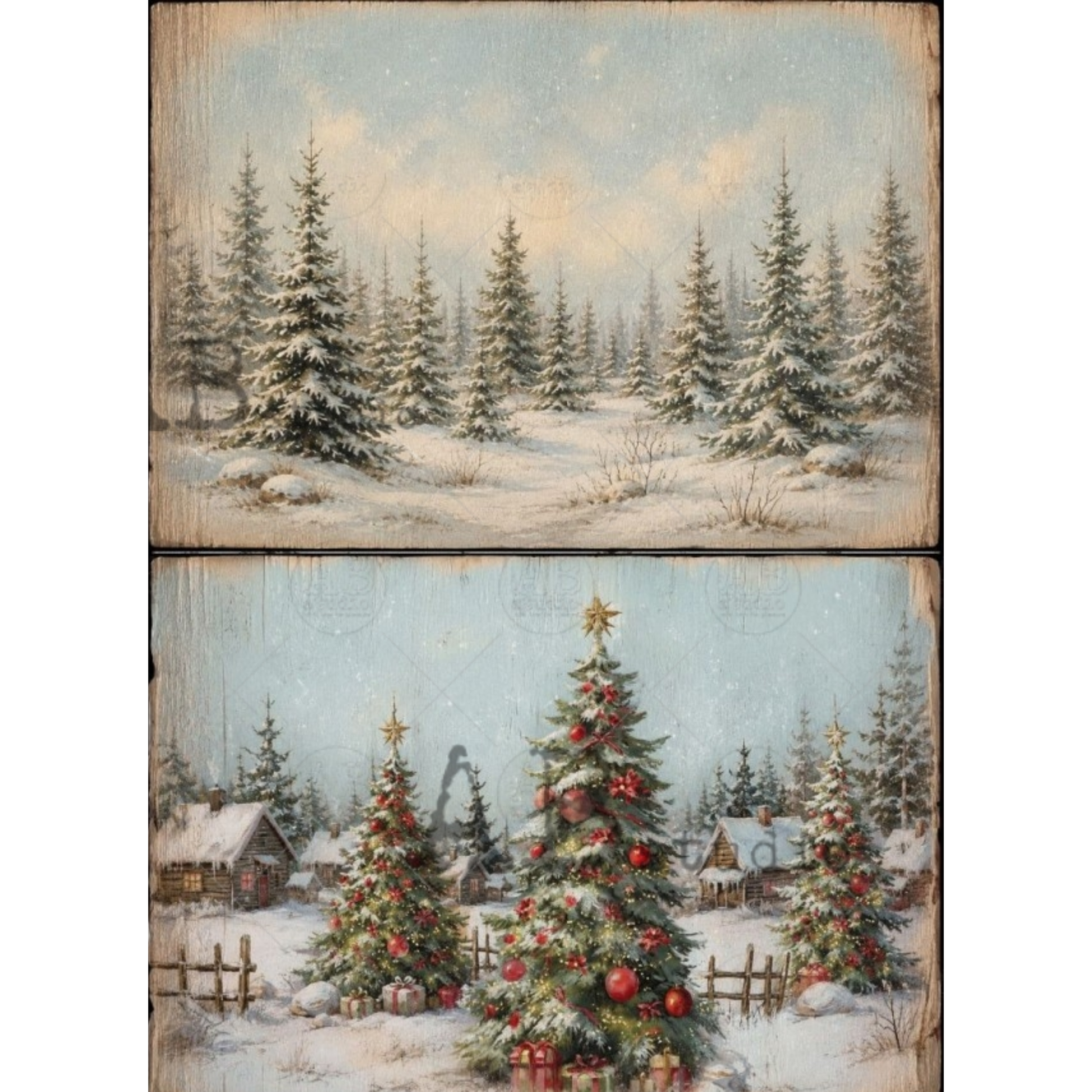 Two vertical rectangular panels showing winter holiday scenes: the top panel depicts a snowy pine forest, and the bottom panel shows decorated Christmas trees, small cabins, fences, and snow under a pale sky.