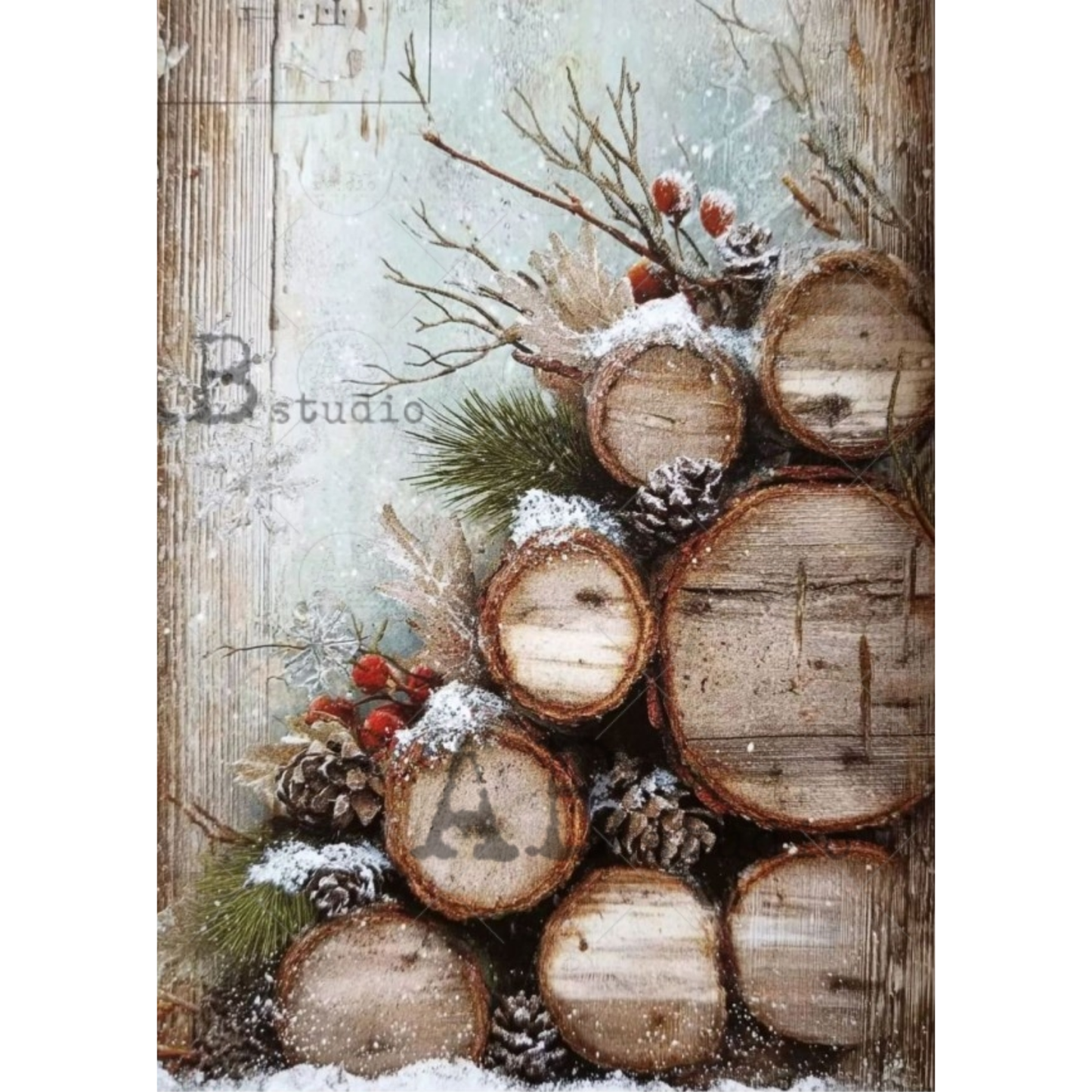 A rustic Christmas-themed paper featuring stacked birch logs, pinecones, evergreen branches, and red berries dusted with faux snow, set against a weathered wood and light blue background.
