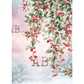 A watercolor-style decorative scene of red berries on green branches hanging against a soft pink and white snowy background. 