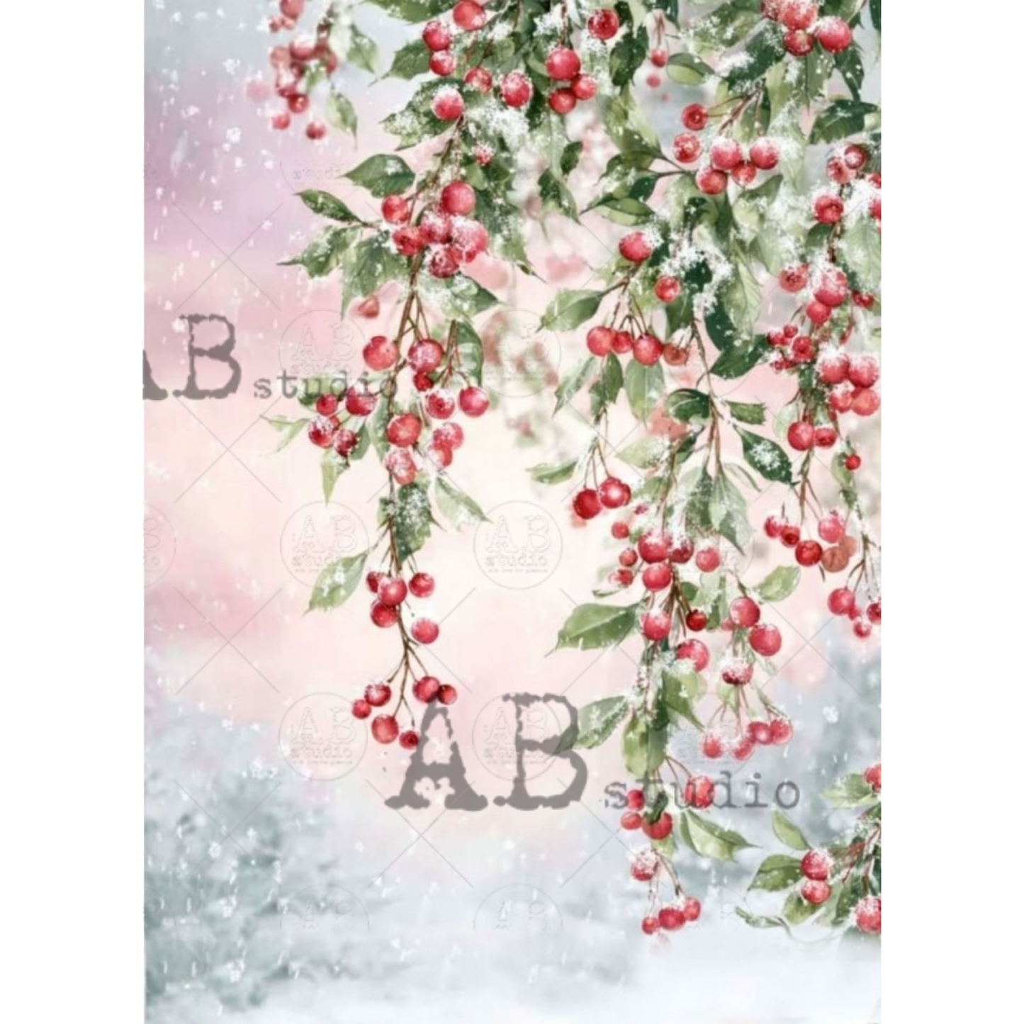 A watercolor-style decorative scene of red berries on green branches hanging against a soft pink and white snowy background. 