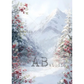 A winter mountain landscape print with snow-covered evergreen trees, red berries, and a soft misty sky. The scene is framed by branches with red berries at the left and right edges.