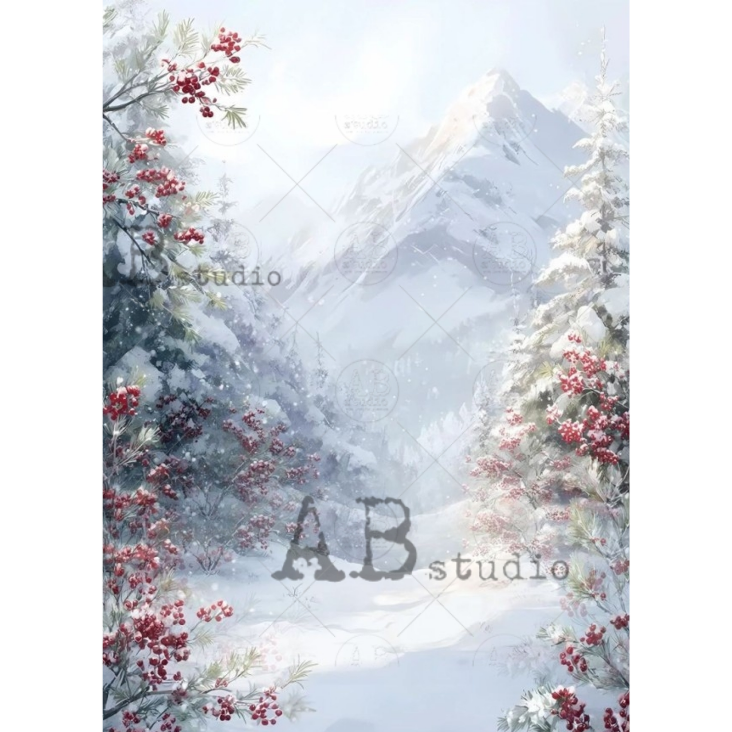 A winter mountain landscape print with snow-covered evergreen trees, red berries, and a soft misty sky. The scene is framed by branches with red berries at the left and right edges.