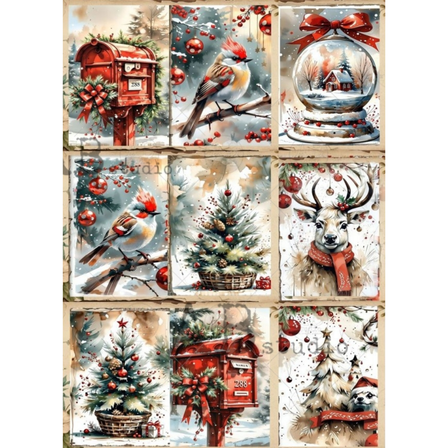 A grid if Christmas-themed art prints featuring red mailboxes, cardinals, snow globes, decorated trees, and a deer, shown on a light neutral background.