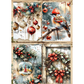 4 image Christmas-themed decorative paper featuring ornaments, a red-crowned bird on a snowy branch, a festive ornament with a winter tree scene, and a wreath with red bows and holly, all arranged on a light wood-textured background.