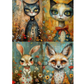 A four-pane image featuring whimsical painted animals: a black cat, a cream cat with a red bow, a white rabbit, and a fox, each surrounded by flowers on textured backgrounds.