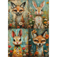 A four-panel art print featuring stylized fox and rabbit illustrations in a floral meadow setting, with warm orange, beige, teal, and orange tones throughout.