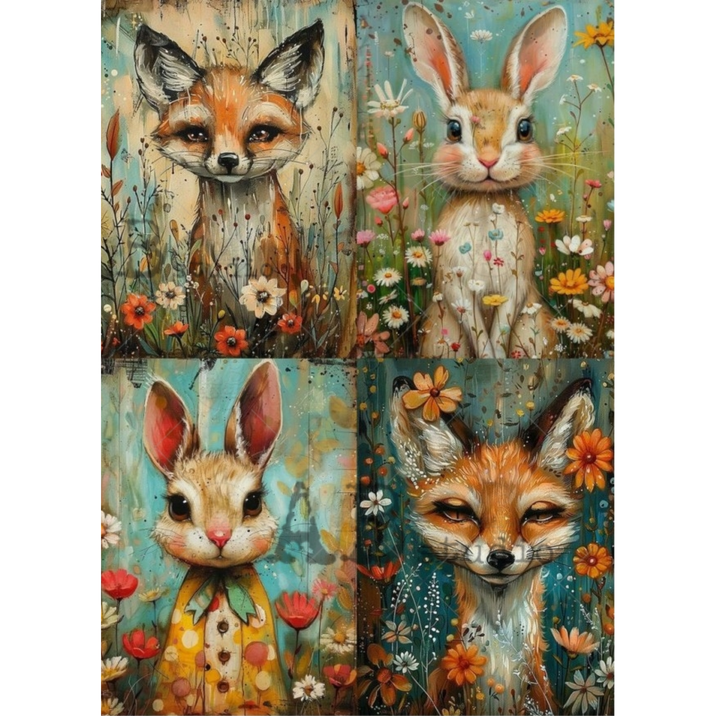 A four-panel art print featuring stylized fox and rabbit illustrations in a floral meadow setting, with warm orange, beige, teal, and orange tones throughout.