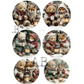 Six circular winter-themed illustrations showing teddy bears and foxes in snowy scenes with lanterns and mugs.