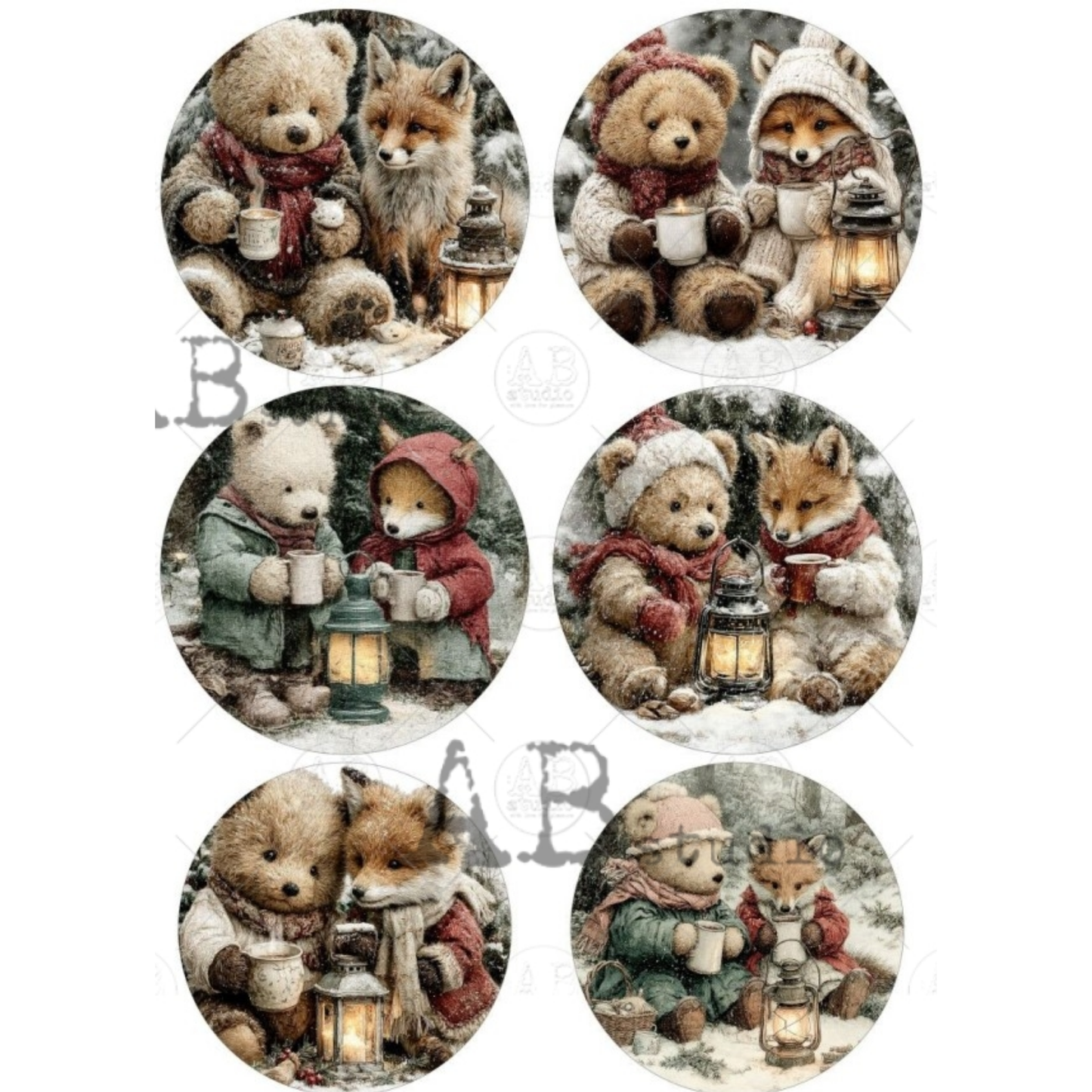 Six circular winter-themed illustrations showing teddy bears and foxes in snowy scenes with lanterns and mugs.