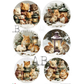 Six circular winter-themed illustrations featuring small animals such as rabbits, hamsters, and mice gathered around glowing lanterns in snowy outdoor scenes. 
