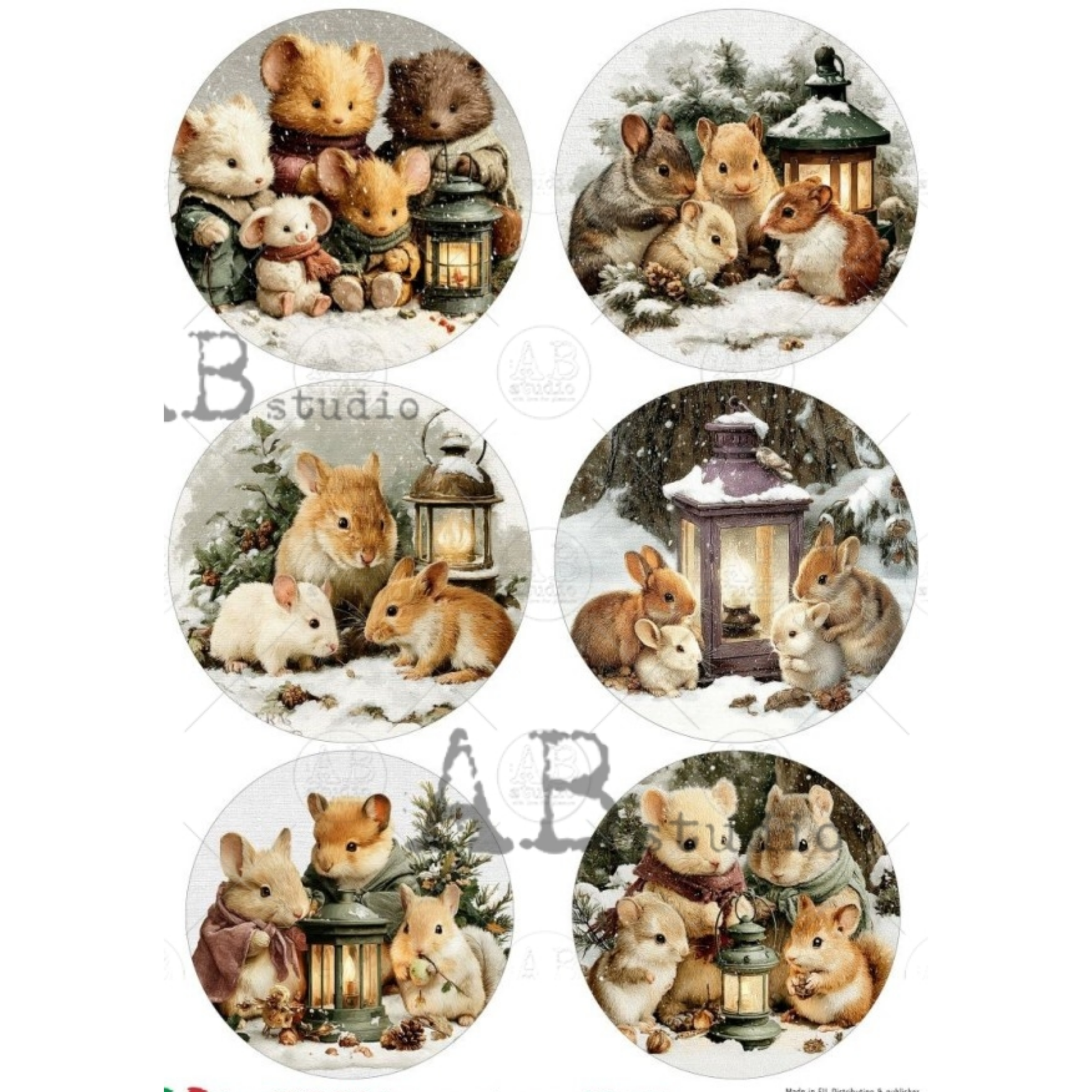 Six circular winter-themed illustrations featuring small animals such as rabbits, hamsters, and mice gathered around glowing lanterns in snowy outdoor scenes. 
