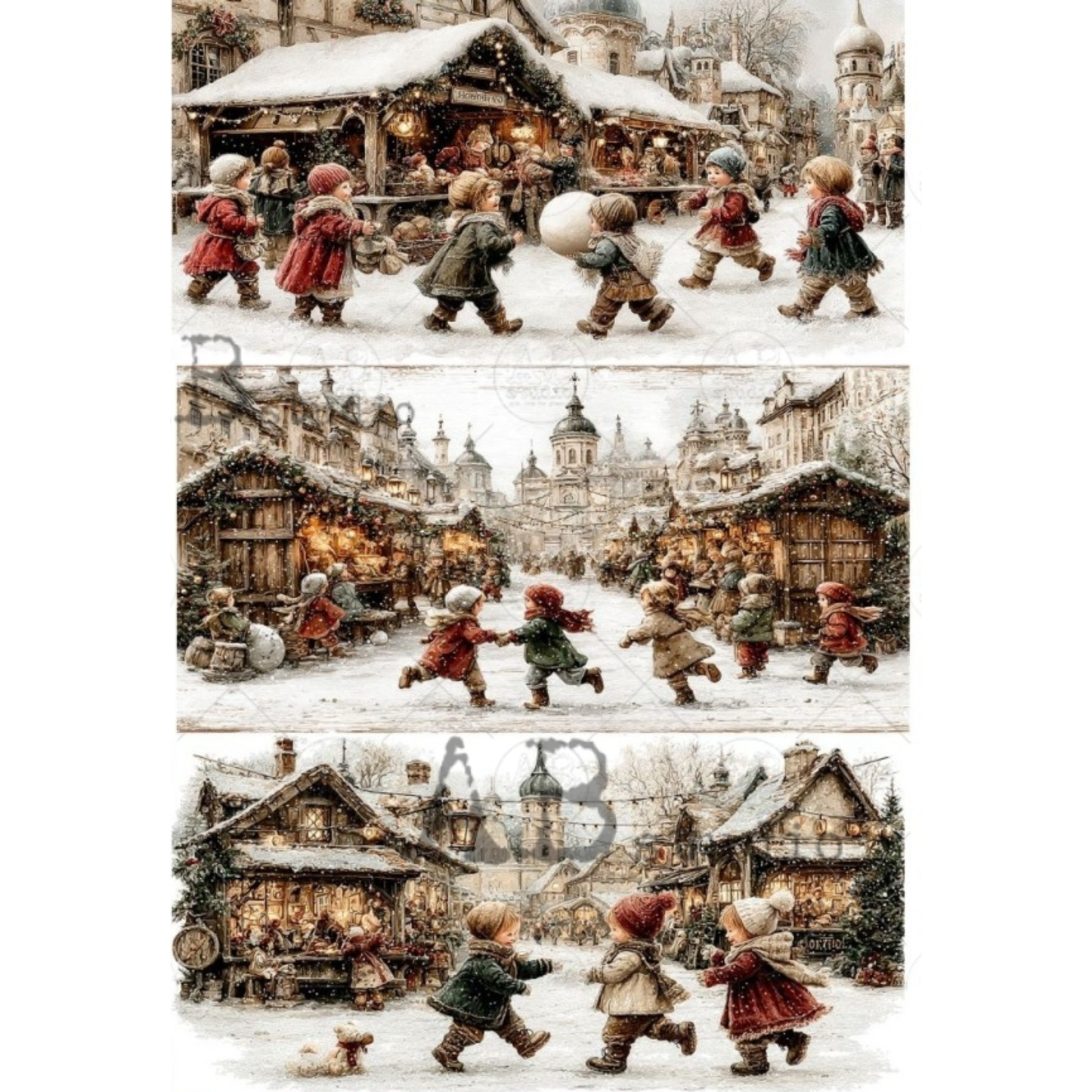 Three vertical panels showing a snowy village scene with children playing in the snow, market stalls, and warm lights.