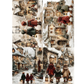 A four-panel collage of winter village scenes with children walking through snow-covered streets, warm glowing windows, lanterns, and snow-laden rooftops.