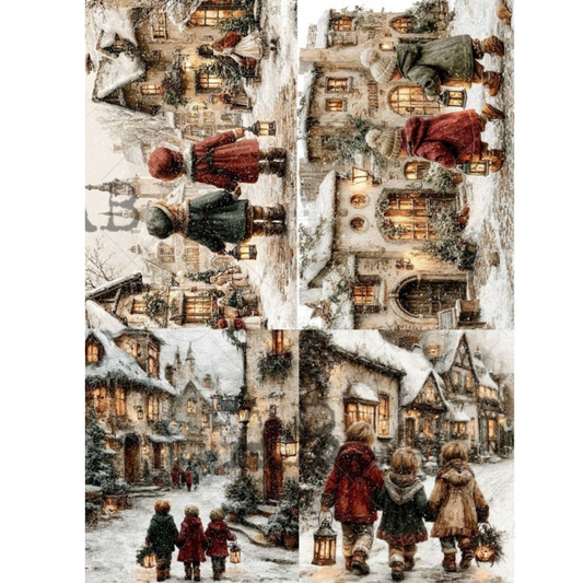 A four-panel collage of winter village scenes with children walking through snow-covered streets, warm glowing windows, lanterns, and snow-laden rooftops.