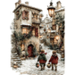 A snowy village street scene with old stone buildings, glowing lanterns, and two children in winter coats walking away and carrying baskets.