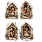 Four vintage-style Christmas illustrations showing a young child standing in front of a snow-covered cottage doorway, wearing a winter outfit and red scarf, with decorated trees and warm lantern light.