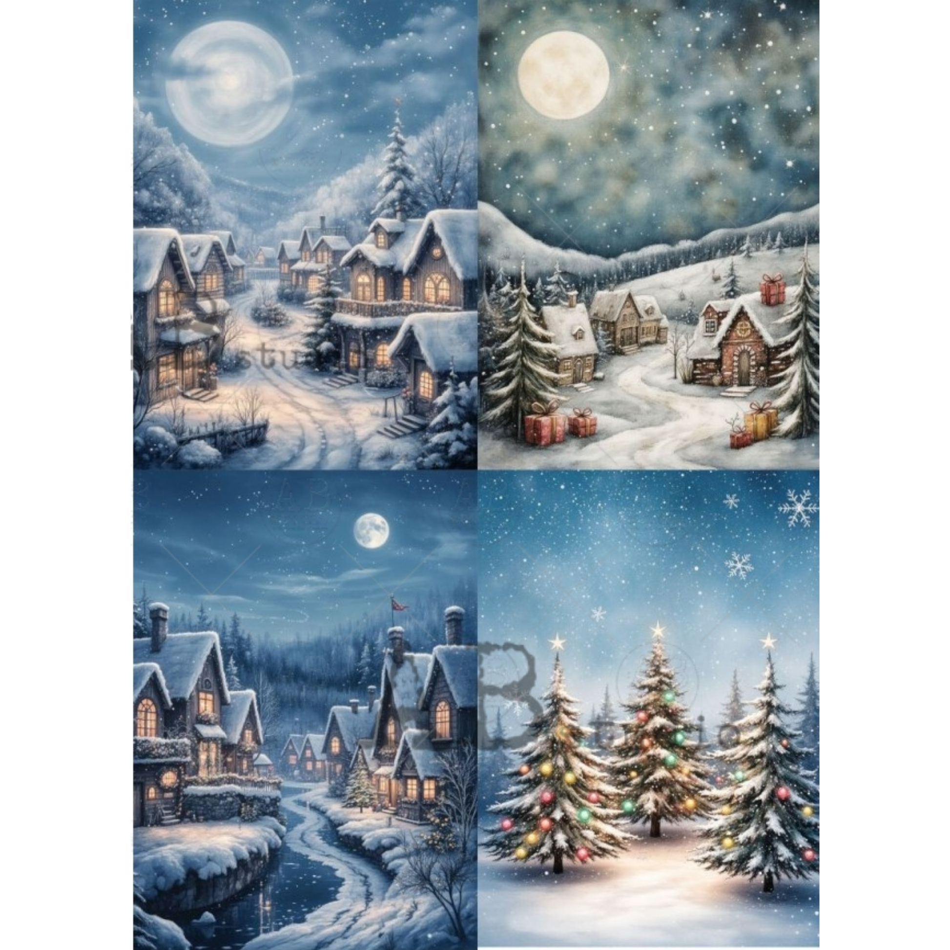Four winter village scenes under a full moon, showing snow-covered houses, decorated Christmas trees, snowy paths, and starry night skies. 