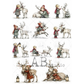 A sheet of Christmas-themed illustrations featuring children in winter clothing interacting with reindeer, with small lanterns and a snowy ground. 