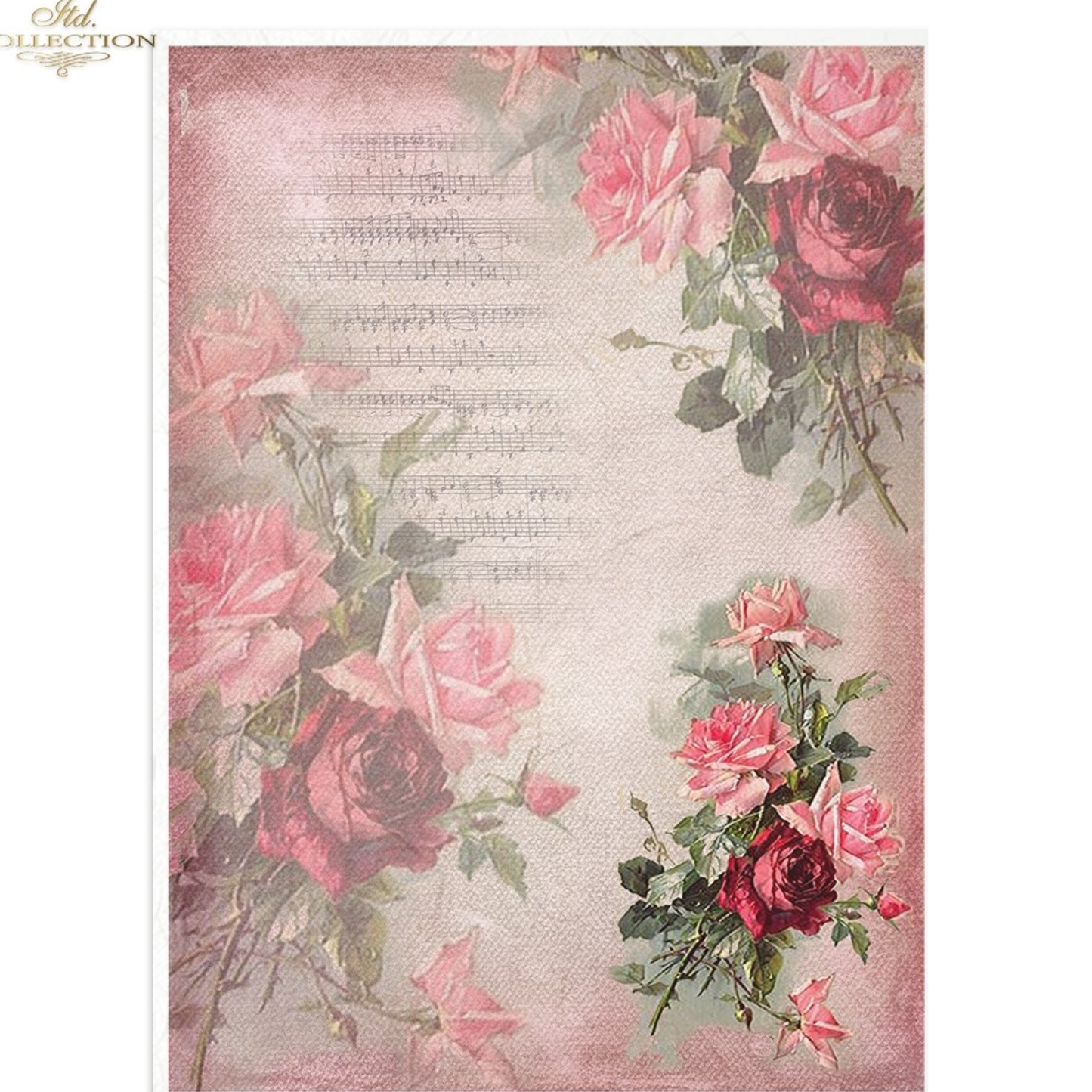 Decorative paper with pink and red roses on a music sheet background.