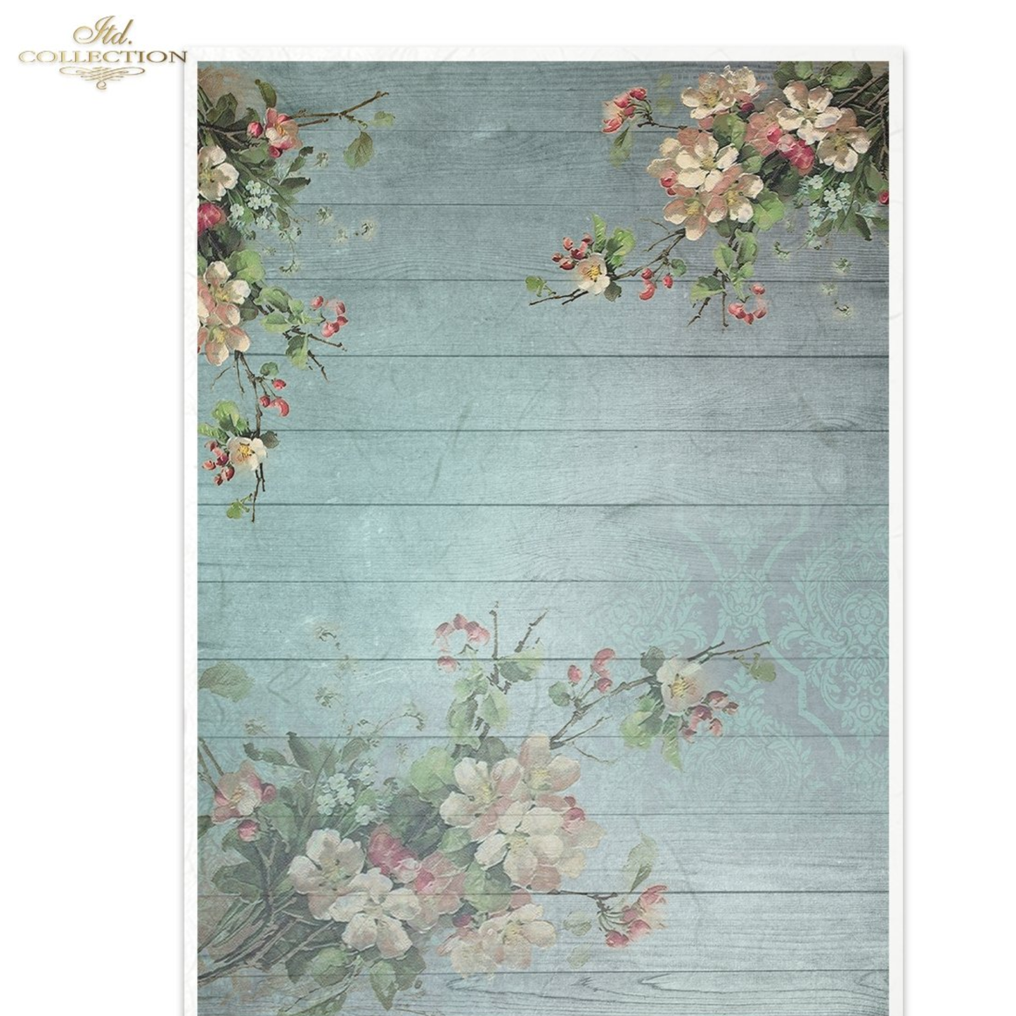 Floral design on a textured blue background.