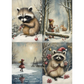 Collage of 4 winter-themed illustrations featuring a raccoon, a child, and animals in a snowy landscape.