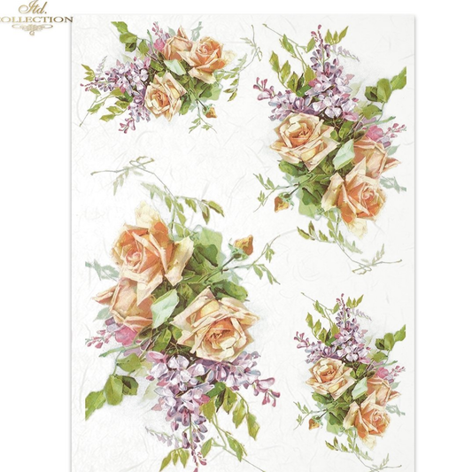 Floral design with roses and greenery on a white background.