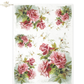 Decorative paper with pink roses and green leaves on a white background.