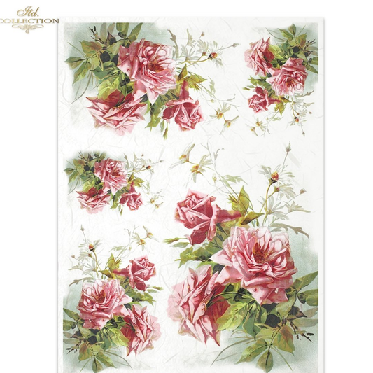 Decorative paper with pink roses and green leaves on a white background.