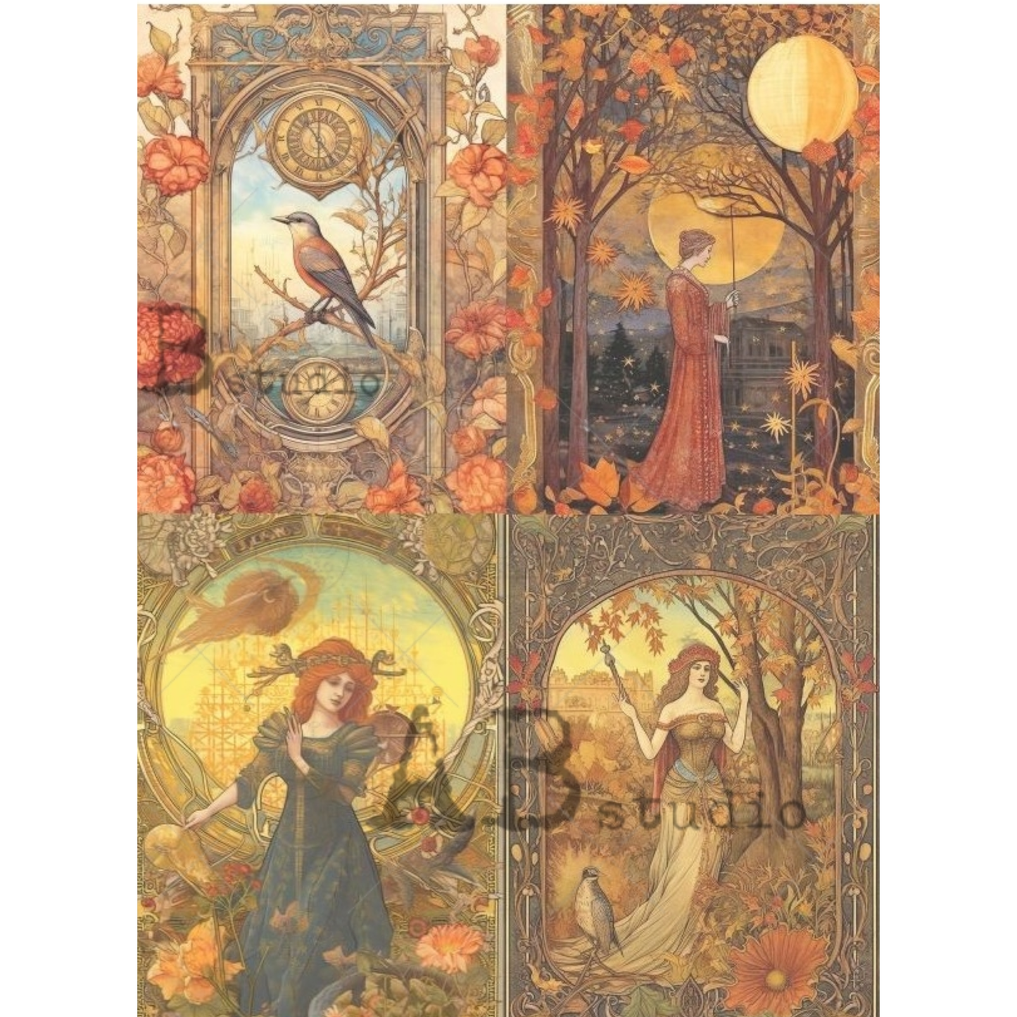 Decorative 4 image paper with renaissance style artistic illustrations of women, birds, and nature elements in autumn colors.