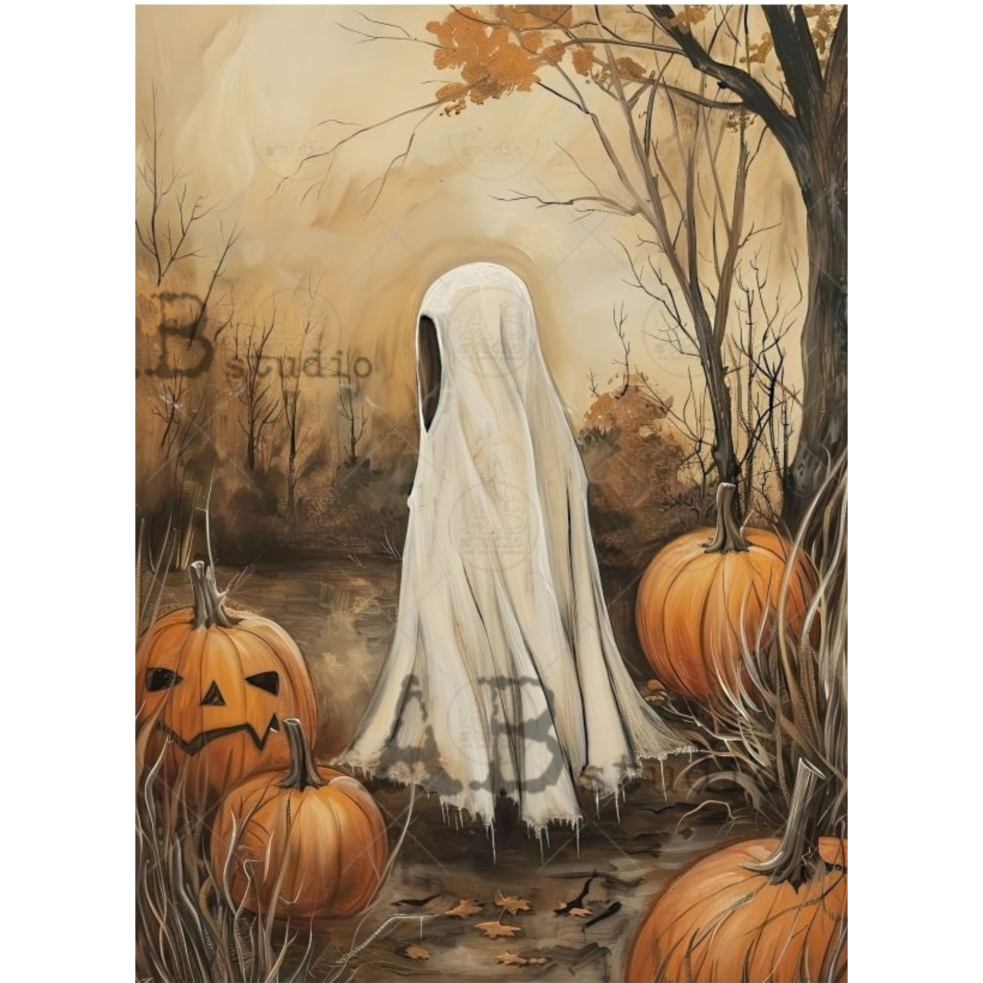 Ghost in a forest with pumpkins.
