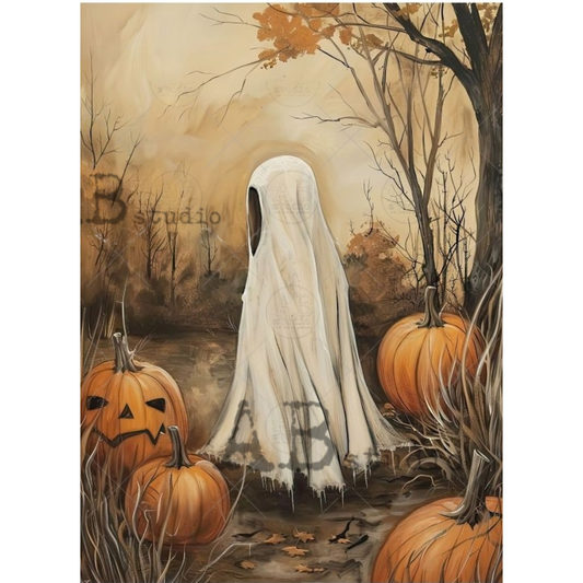 Ghost in a forest with pumpkins.