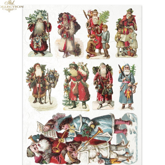 Collection of vintage-style Santa Claus illustrations on a white background