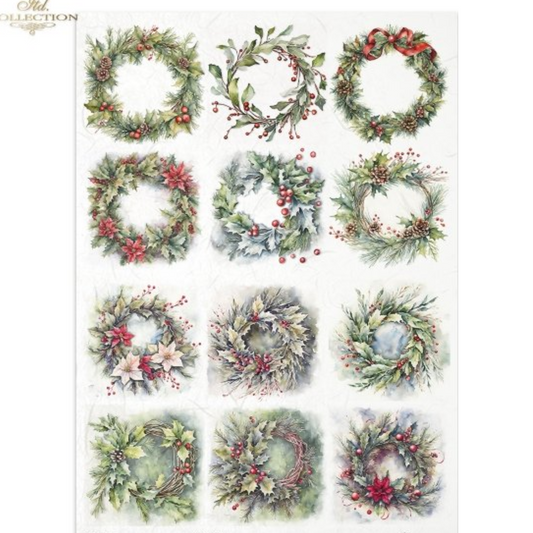 "Twelve Holiday Wreaths" decoupage rice paper by ITD Collection. Available at Milton's Daughter. Sheet of 12 decorative Christmas wreaths with berries and ribbons on a white background.