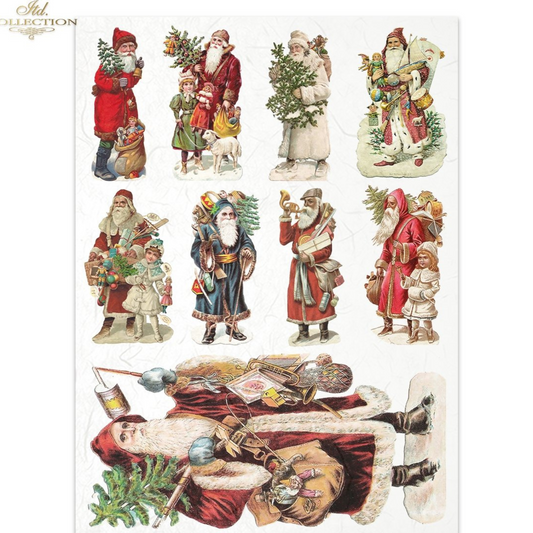 Sheet of 9 vintage-style Santa Claus images with different poses and outfits on a white background.