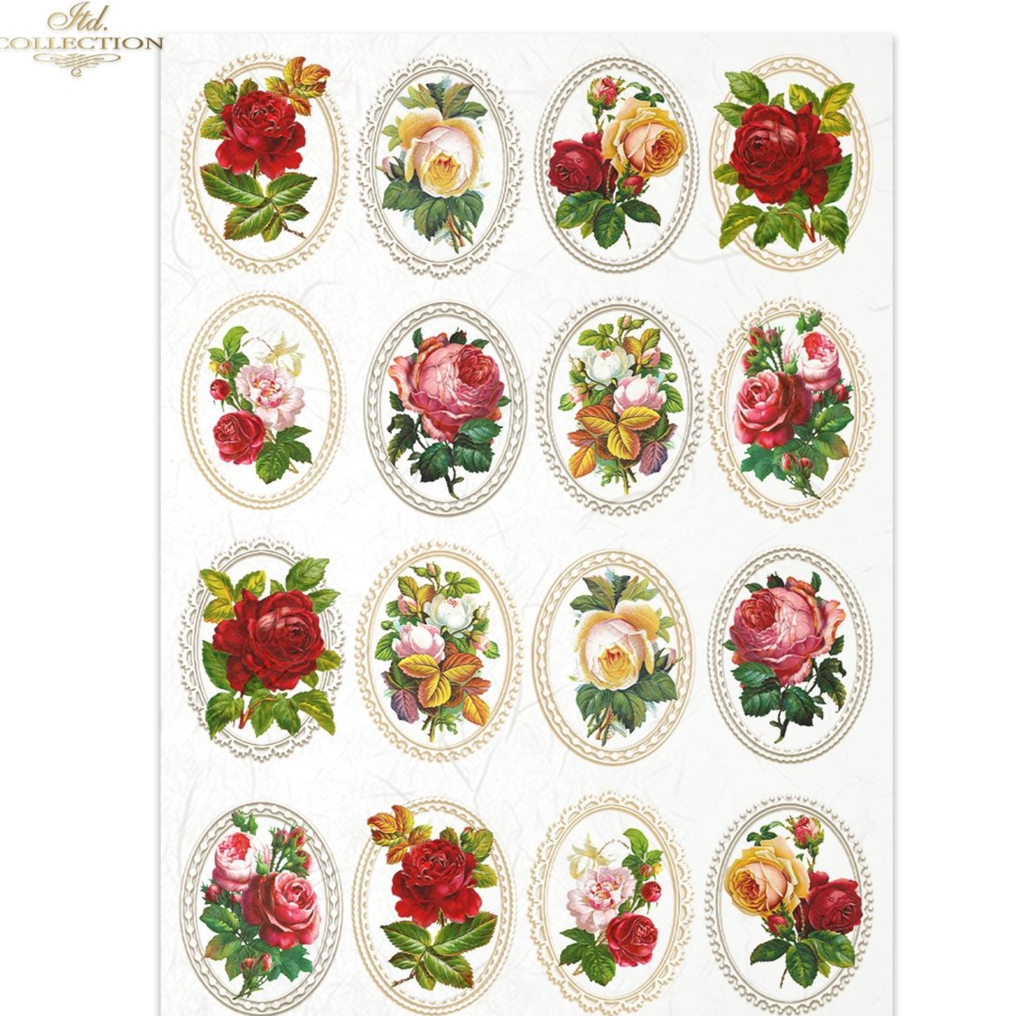 Sheet of floral ovals with red, yellow, and pink roses in decorative frames on a white background.