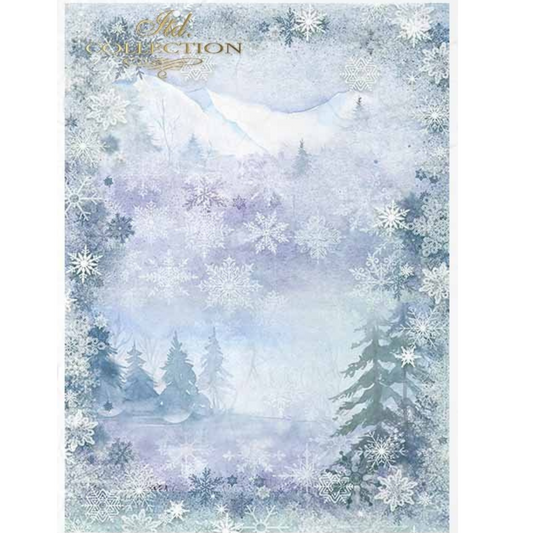 Winter scene with snowflakes and trees.