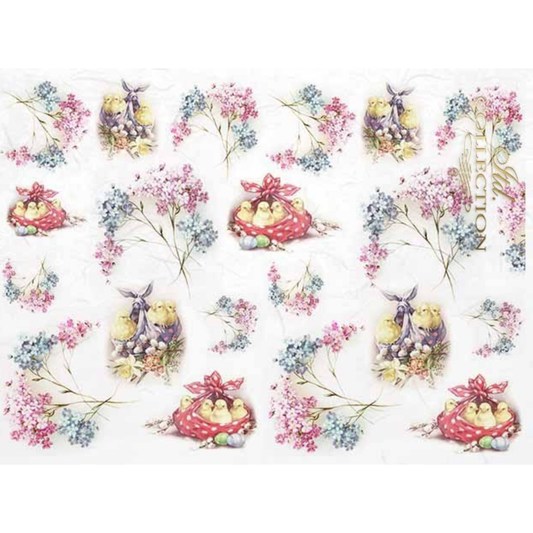 Easter-themed paper design featuring chicks, eggs, and flowers on a white background.