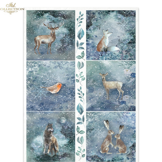 Sheet of  six winter-themed images featuring animals like deer, fox, robin, wolf, and hares on a snowy background.