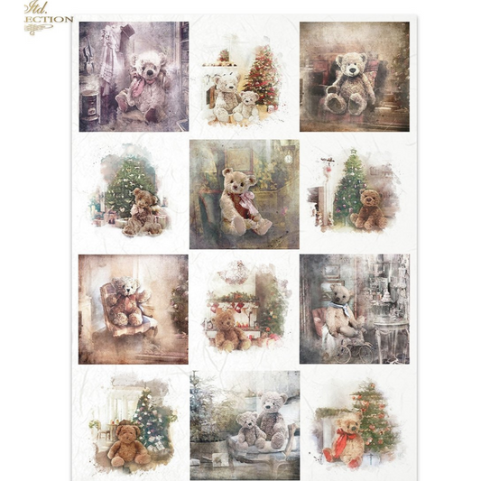 Collection of 12  traditional holiday themed images featuring teddy bears in various settings.