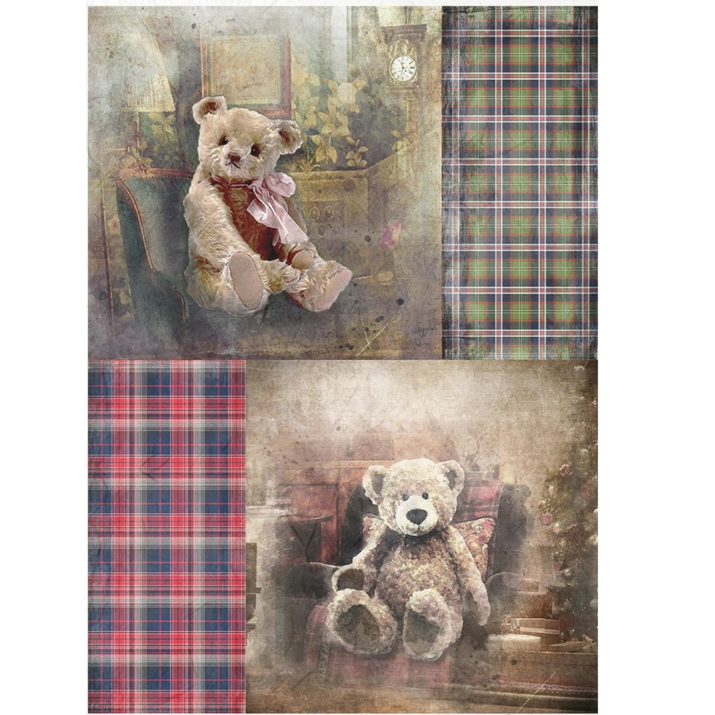 Two image sheet of teddy bears with coordinating holiday plaid patterns.