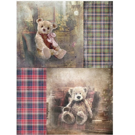 Two image sheet of teddy bears with coordinating holiday plaid patterns.