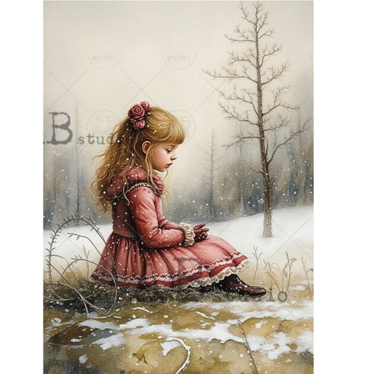 Illustration of a girl in a pink dress sitting  in a snowy forest.