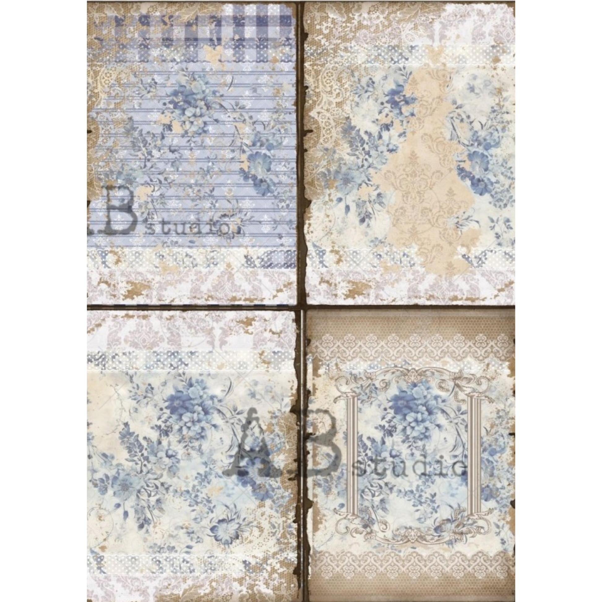 Four decorative panel images with floral and lace patterns.